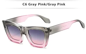Macro detail of square frame sunglasses showing gray pink gradient finish and temple specs
