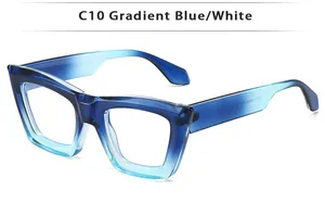 Detail of square frame sunglasses with blue and white gradient acetate finish and wide temples