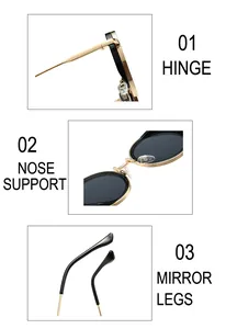 Détails des charnières, des plaquettes et des branches de lunettes de soleil rétro