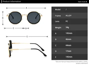 Spécifications détaillées de taille pour lunettes de soleil rondes rétro avec diagramme