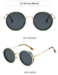 Vues détaillées de face et de côté de lunettes de soleil rondes vintage à bords verts