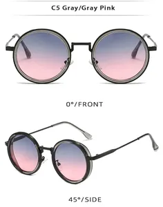 Détail de lunettes de soleil vintage rondes avec verres dégradés gris-rose et monture