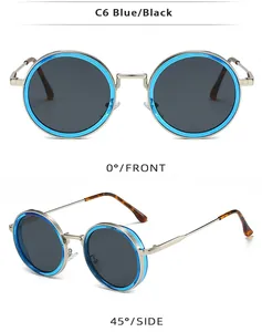 Détail de lunettes de soleil rondes bleu/noir avec monture en métal et branches en écaille