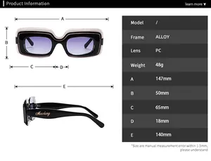 Tableau détaillé des tailles pour lunettes de soleil carrées avec mesures de monture en alliage