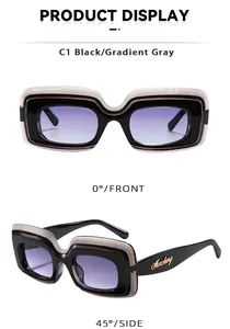 Vue de face et de côté de lunettes de soleil carrées noires avec verres dégradés gris