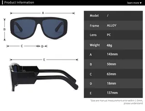 Tableau des tailles détaillé pour lunettes de soleil carrées avec mesures du cadre