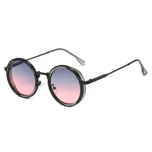 Lunettes de soleil rondes rétro avec verres dégradés bleu-rose et monture noire