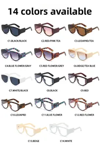 Présentation de lunettes de soleil carrées en 14 coloris incluant motifs léopard et unis
