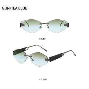 Vue macro de lunettes de soleil triangulaires sans monture avec verres dégradés thé et bleu