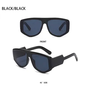Front and side view of bold black square frame sunglasses with wide temples
