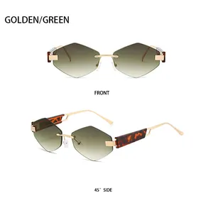 Détails de lunettes de soleil triangle sans monture avec verres dégradés verts et métal doré
