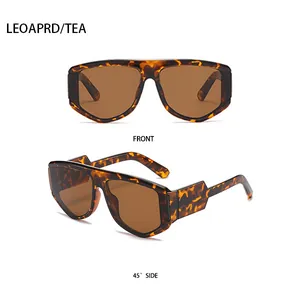 Front and side macro views of leopard print flat top square sunglasses in tea lenses
