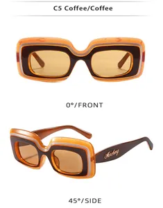 Détail de lunettes de soleil rectangulaires marron café avec logo métallique sur la branche