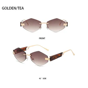 Détail macro de lunettes de soleil géométriques sans monture thé et cadre en métal doré