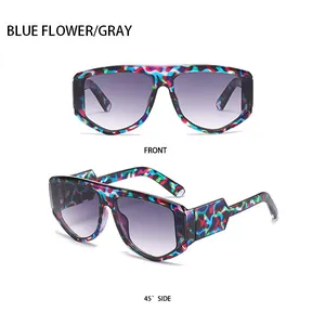 Front and side view of blue floral square sunglasses with gray gradient lenses
