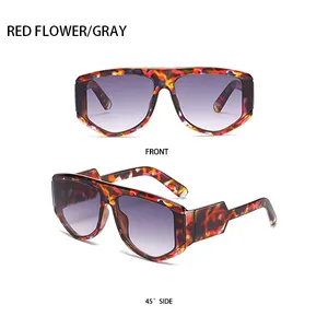 Front and 45-degree side views of oversized square sunglasses with red floral frames