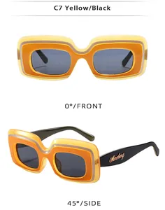 Vues de face et de côté de lunettes de soleil carrées rétro en jaune et noir