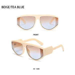 Front and side view of beige oversized square sunglasses with tea blue gradient lenses