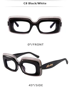 Vue détaillée des lunettes de soleil carrées noir et blanc avec logo Mincheng sur la branche