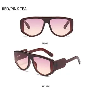 Detailed front and side view of square red pink tea gradient lens sunglasses