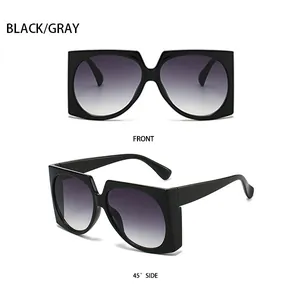Front and side view of square black sunglasses with gradient gray lenses
