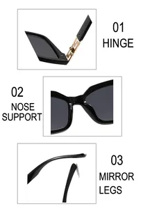 Détails des charnières dorées à grecques et des plaquettes de nez sur lunettes de soleil carrées
