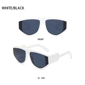 Front and side 45 degree views of oversized square white sunglasses with dark lenses