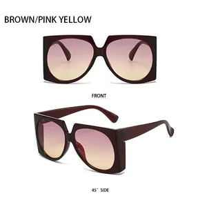 Front and side macro views of square sunglasses with brown frames and pink-yellow lenses