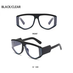 Front and 45-degree side views of black square frame glasses with clear lenses