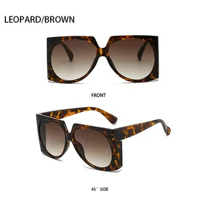 Front and side view of leopard print square sunglasses with brown gradient lenses