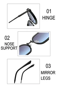 Vues détaillées des lunettes avec la charnière, le support nasal et la branche de lunette
