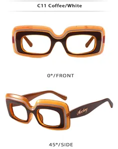 Gros plan de lunettes de soleil carrées café et blanc avec logos latéraux dorés