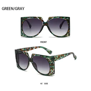Front and 45-degree side view of green and gray camouflage square frame sunglasses