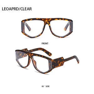 Front and 45-degree side views of square leopard print sunglasses with clear lenses
