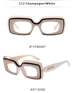 Détail des lunettes de soleil carrées champagne et blanc au design de monture multicouche