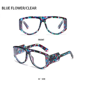 Close-up of square sunglasses with blue flower patterns and clear lenses shown in two angles