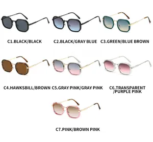 Vue détaillée de sept variations de couleurs de lunettes de soleil polygonales pour femmes