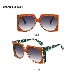 Front and 45 degree side view of orange square sunglasses with camo patterned temples