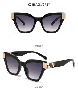 Détails de face et de profil à 45 degrés de lunettes œil-de-chat avec décor en métal doré