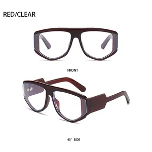 Front and 45-degree side view of oversized square frame sunglasses in red and clear