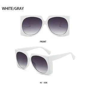 Front and 45-degree side views of white square frame sunglasses with gray gradient lenses