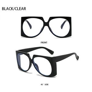Front and side view of square black frame sunglasses with clear lenses and geometric shape