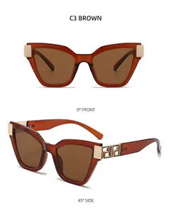 Détail de lunettes de soleil œil-de-chat marron avec décorations en métal doré grec