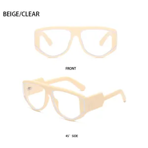 Front and side view of square beige oversized sunglasses with clear lenses for women