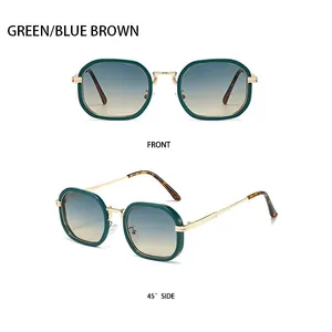 Lunettes de soleil polygonales rétro avec monture verte et verres dégradés bleu-marron