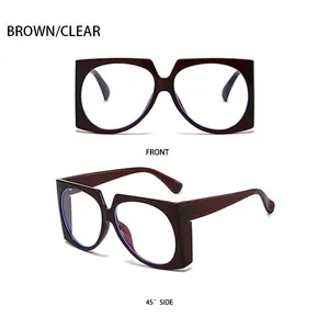 Detailed front and side view of brown square frame sunglasses with anti-blue light lenses