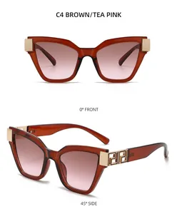 Détail de lunettes œil de chat avec des motifs géométriques dorés évidés sur les branches