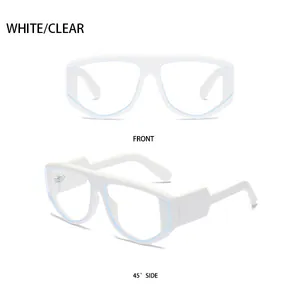 Front and side view of white oversized square sunglasses with clear lenses for women