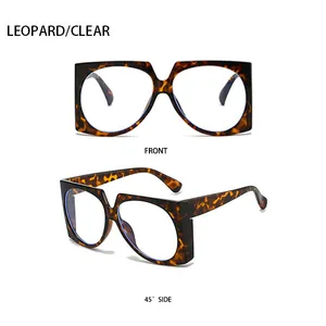 Front and 45-degree side views of square leopard print sunglasses with clear lenses