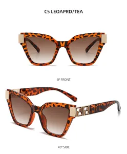 Détail de lunettes léopard avec branches dorées à motif grec et verres dégradés thé